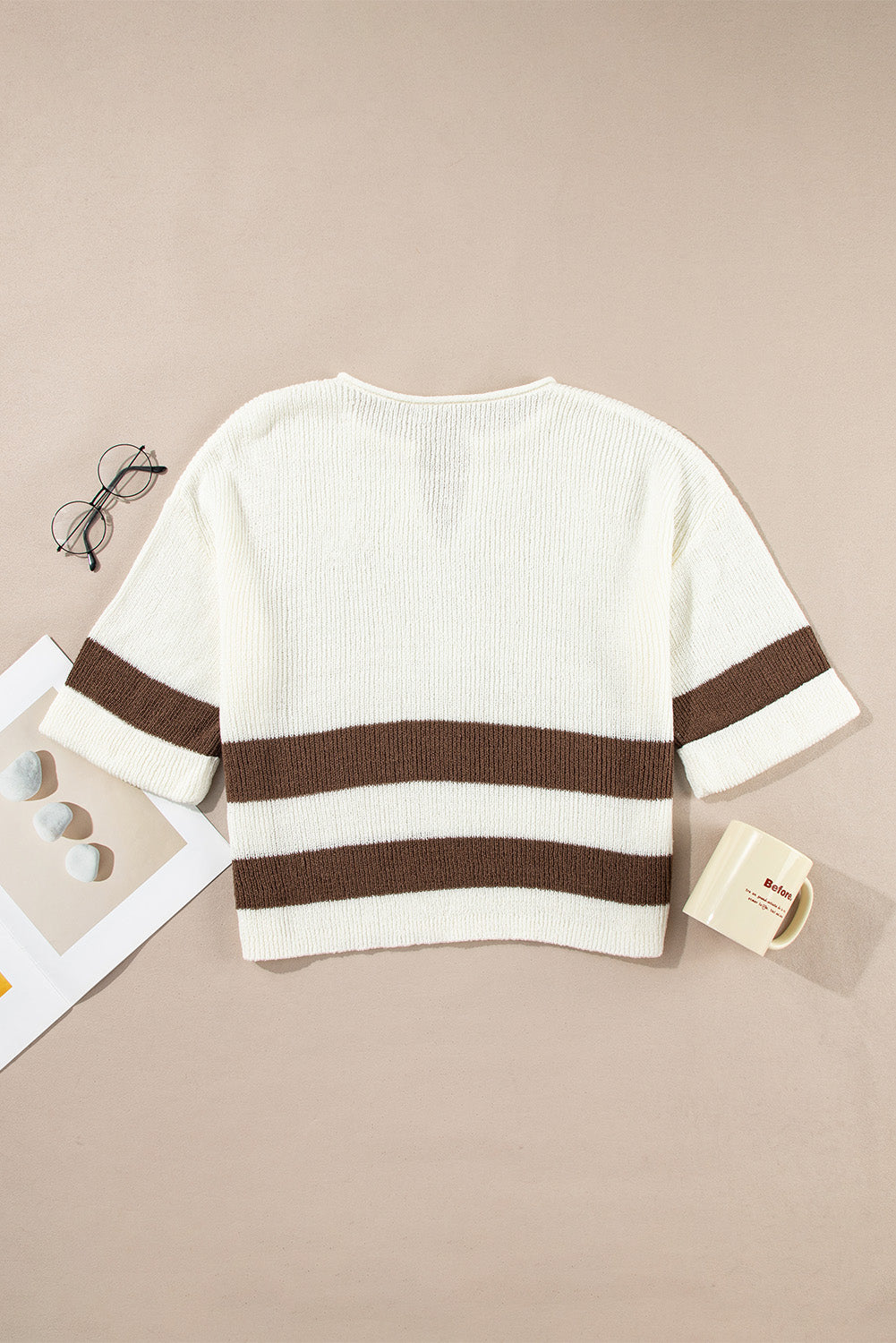 Brown Striped V Neck Cropped Sweater T-Shirt – Effortlessly Chic and Trendy