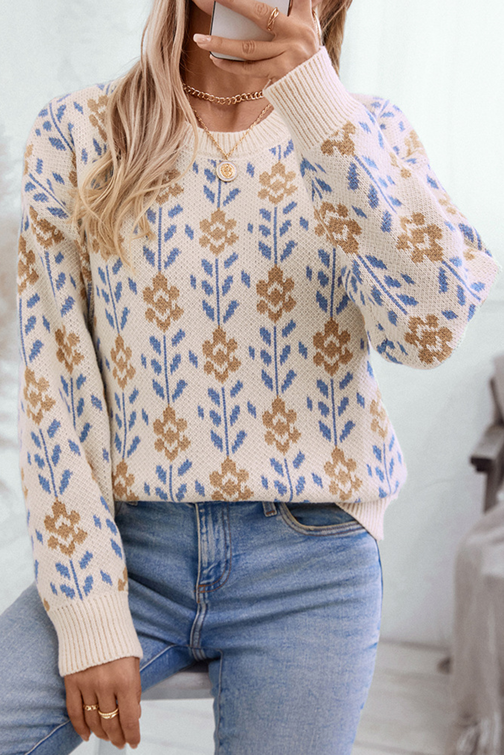 Apricot Floral Crew Neck Sweater – Bloom with Style This Winter