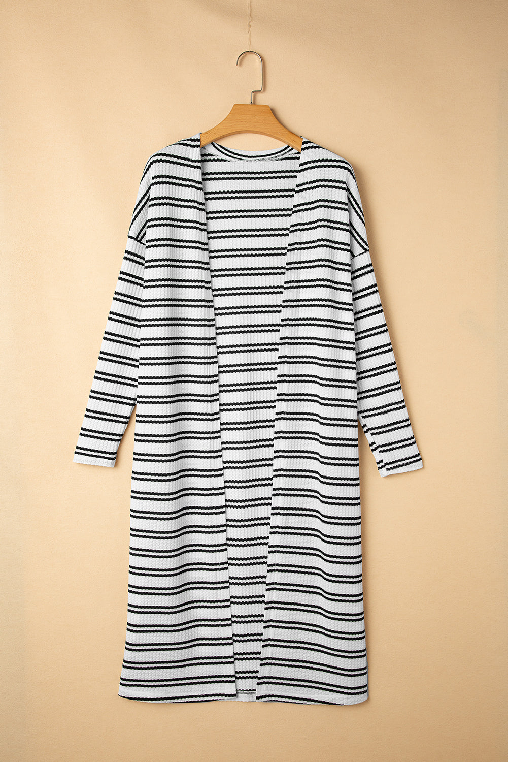 Black Stripe Print Open Front Duster Cardigan – Effortless Chic with Extra Coverage