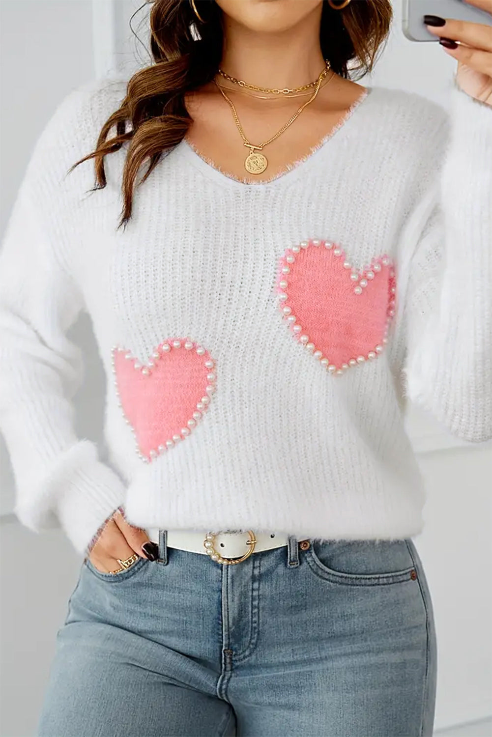 White Pearl Beaded Heart Pattern Fuzzy V Neck Sweater – Cozy and Chic