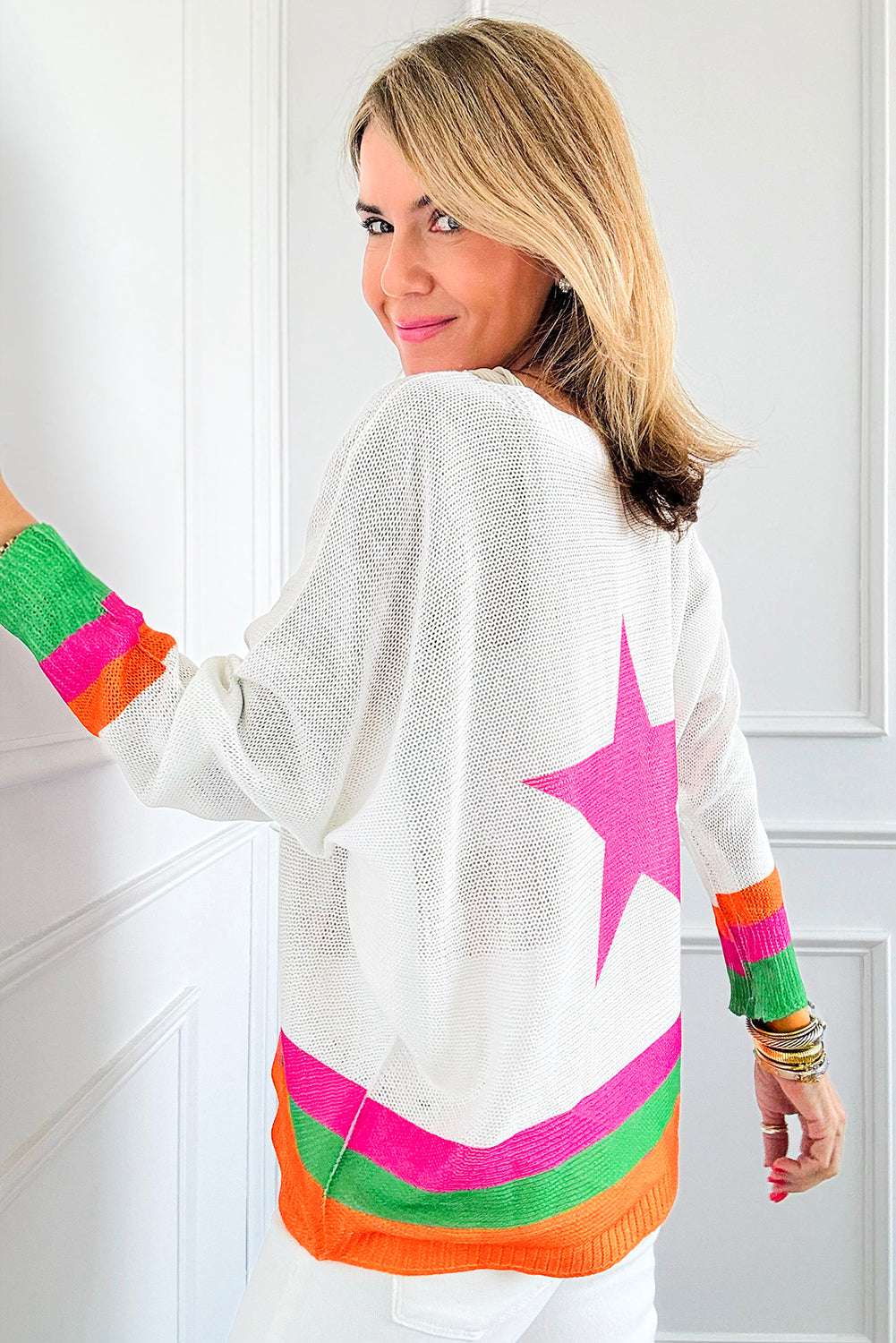 White Star Drop Shoulder Sweater – Cozy and Trendy