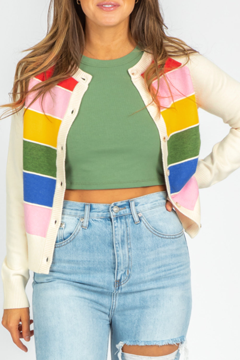 White Stripe Colorful Pattern Sweater Cardigan – Cozy & Vibrant