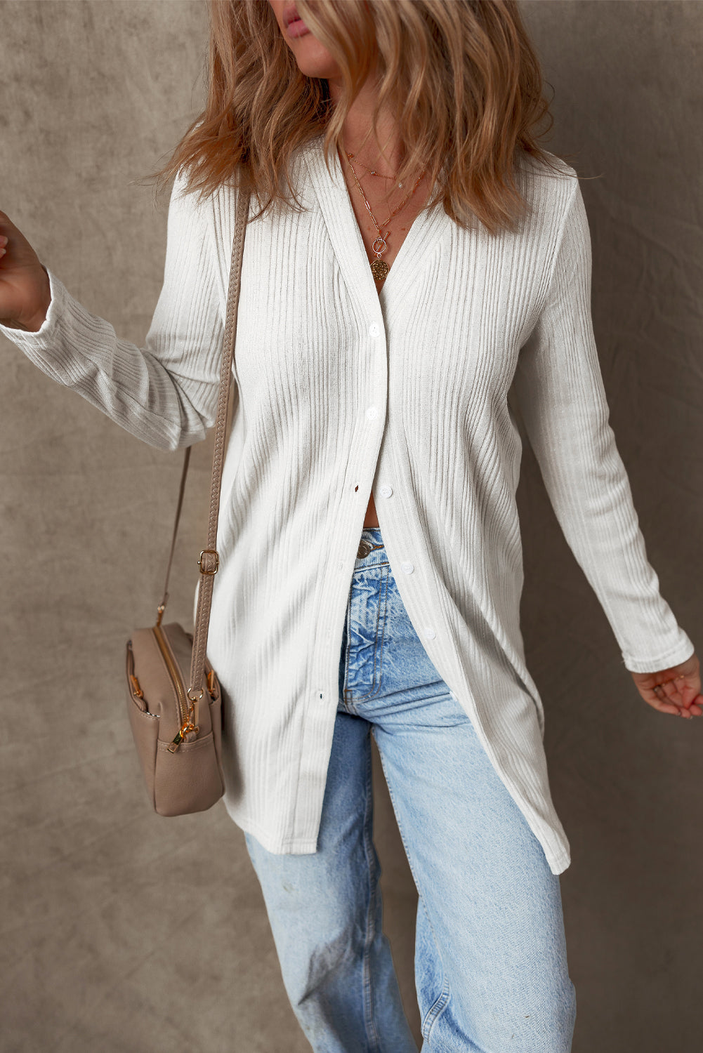 White Solid Color Ribbed Button-Up Tunic Cardigan – Elegant and Timeless