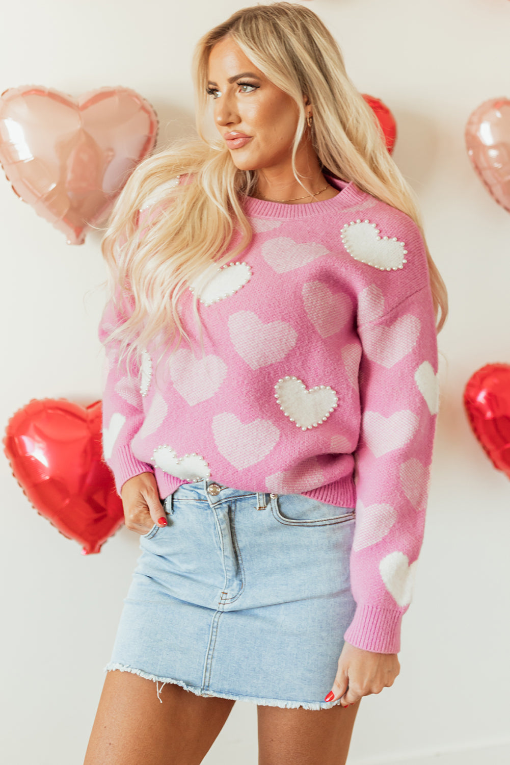 Pink Pearled Heart Print Valentine's Crew Neck Sweater – Romantic & Cozy