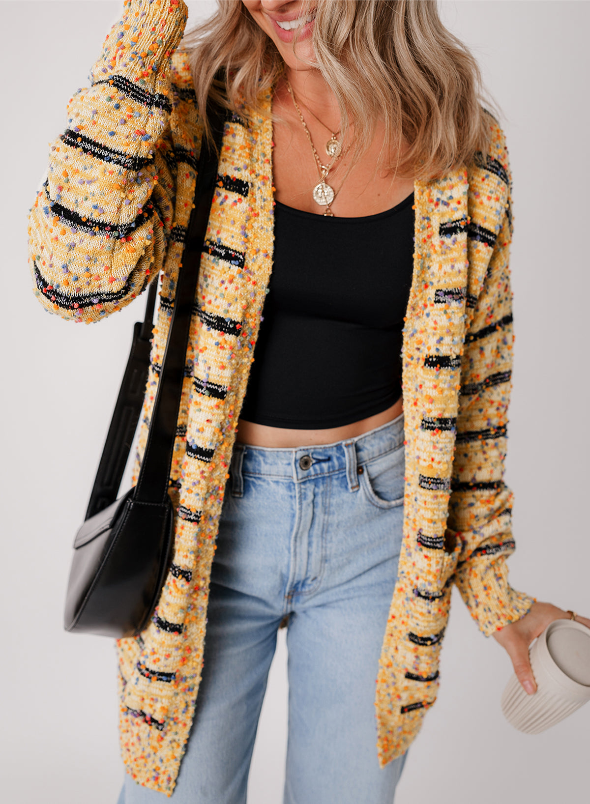 Beige Striped Pom Pom Knit Cardigan – Playful Charm Meets Effortless Elegance