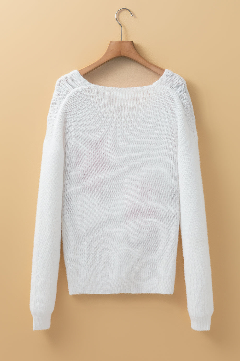 White Pearl Beaded Heart Pattern Fuzzy V Neck Sweater – Cozy and Chic