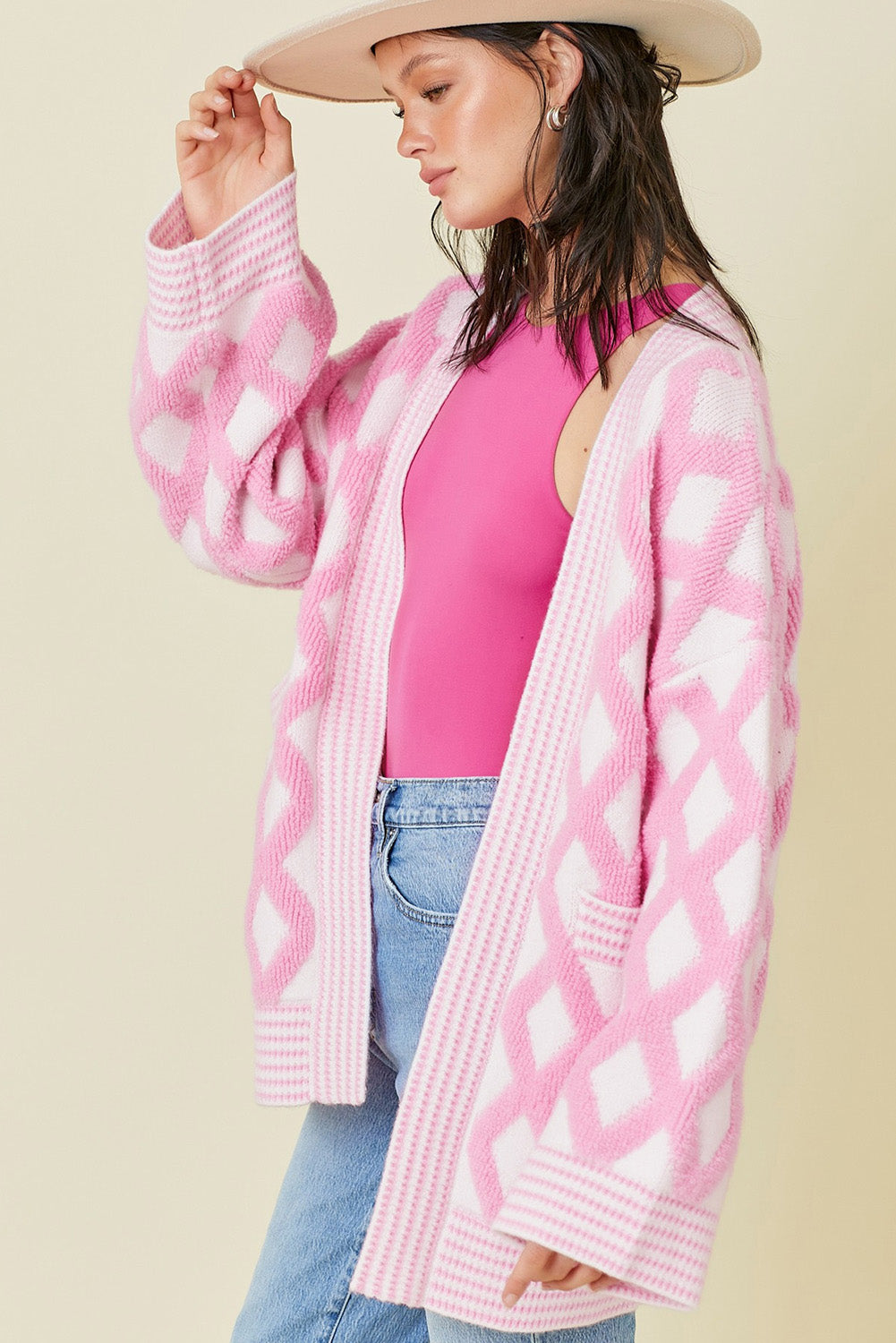 Pink Knit Open Front Pocketed Cardigan – Cozy & Playful