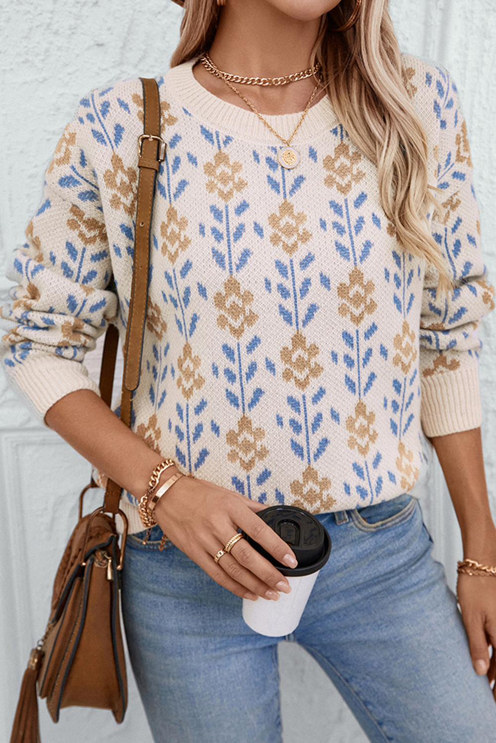 Apricot Floral Crew Neck Sweater – Bloom with Style This Winter