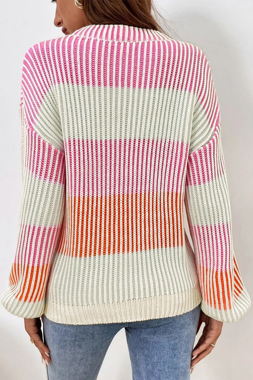 Pink Colorblock Textured Knit Bubble Sleeve Sweater – Cozy and Trendy