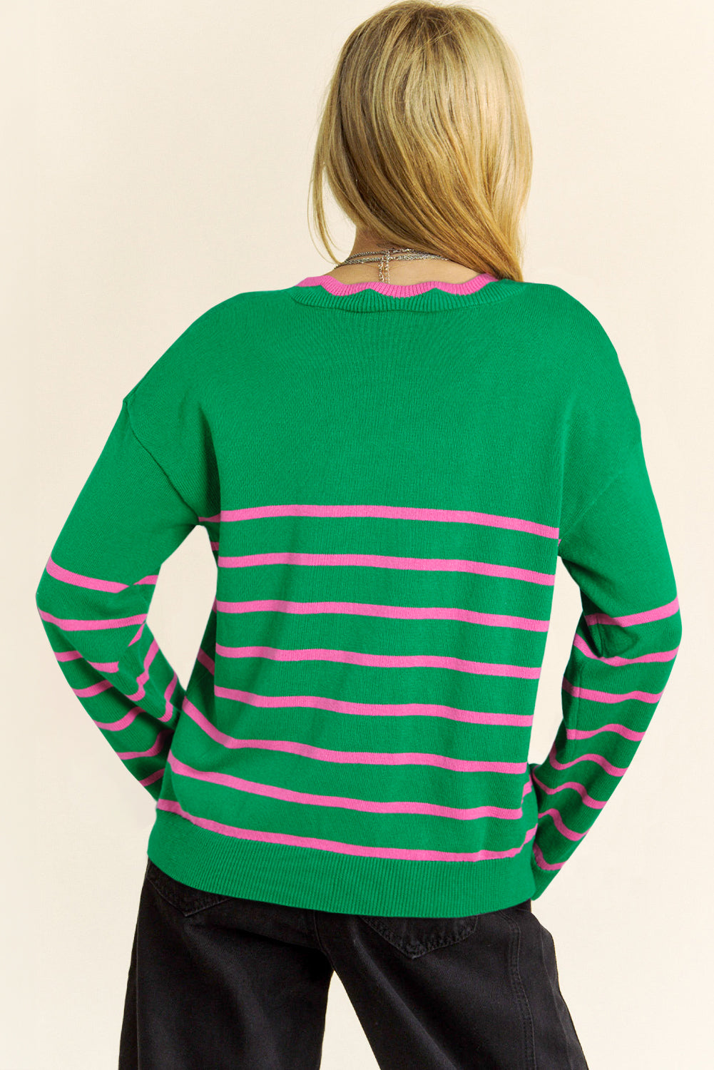 Green Stripe Ribbon Sweater Knit Cardigan – Charming and Cozy