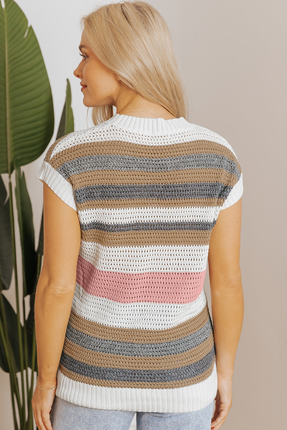 Pink Stripe Eyelet Knit Short Sleeve Sweater Tee – Contemporary & Stylish