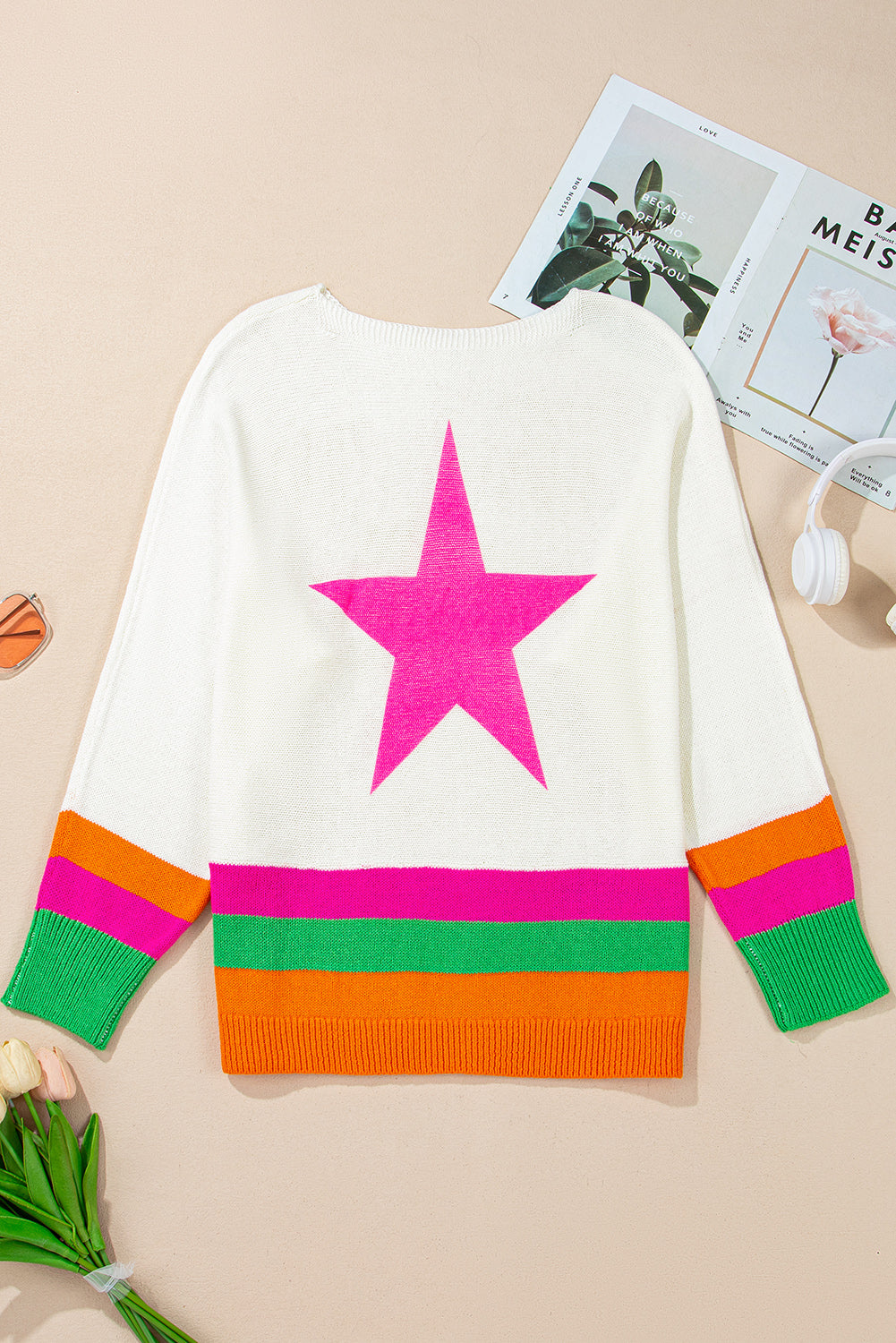 White Star Drop Shoulder Sweater – Cozy and Trendy