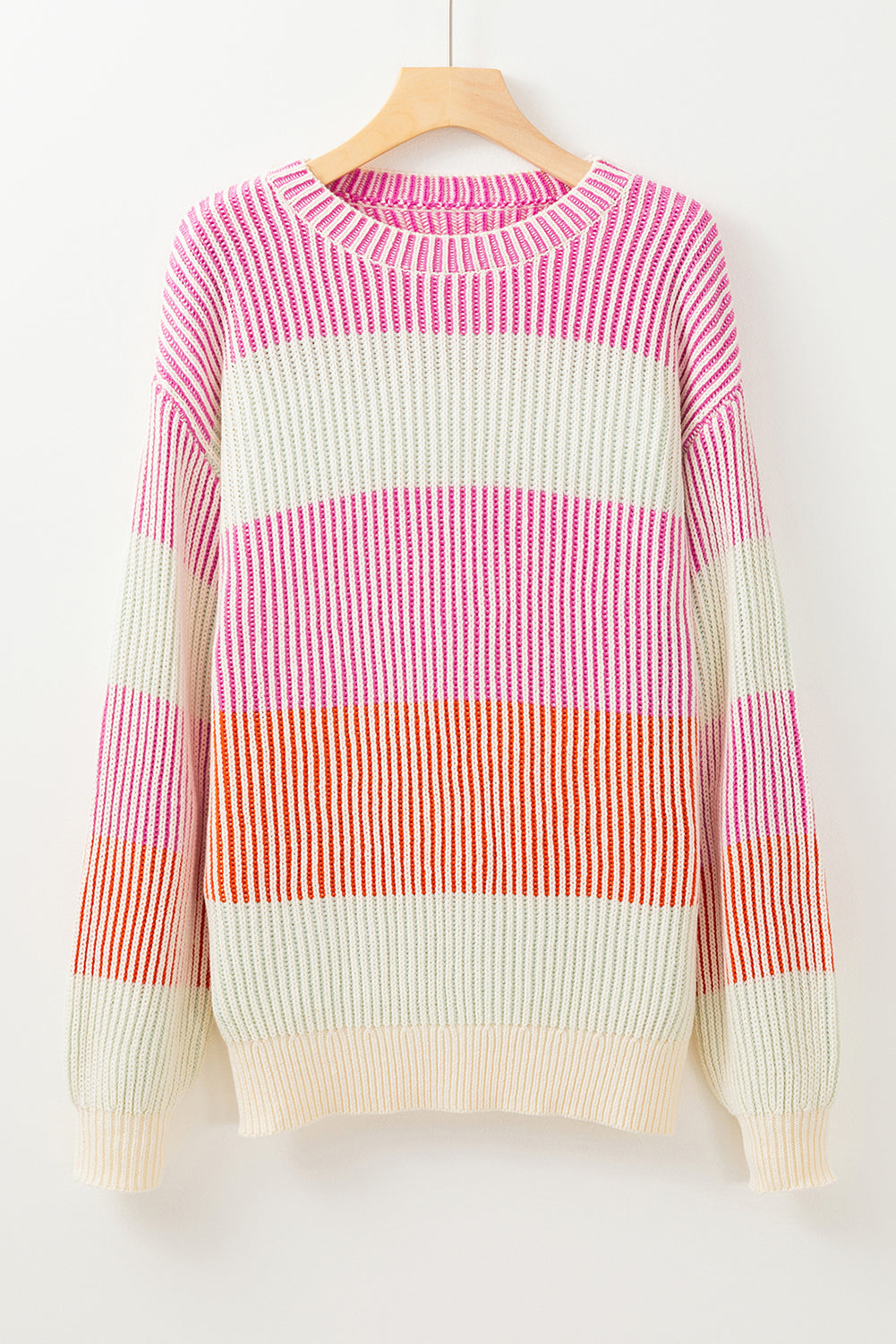 Pink Colorblock Textured Knit Bubble Sleeve Sweater – Cozy and Trendy