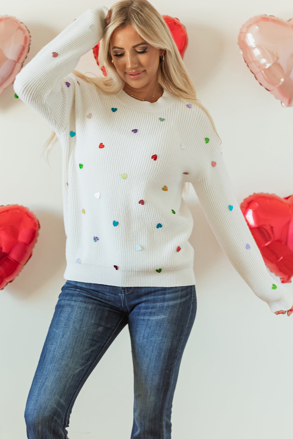 Beige Waffle Knit Sequin Heart Sweater – Cozy with a Touch of Glam