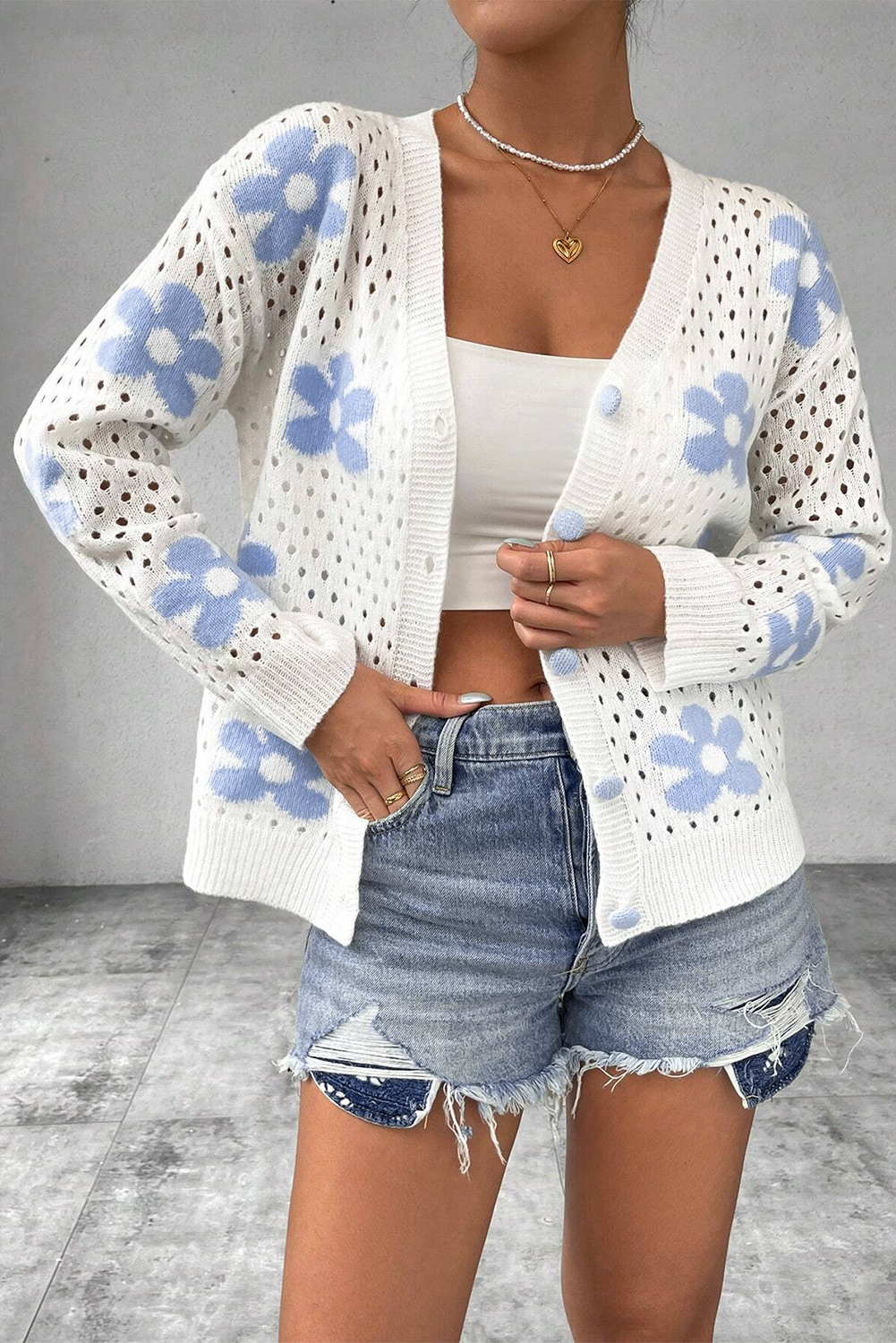 White Flower Knit Open Short Cardigan – Elegant and Feminine Layer