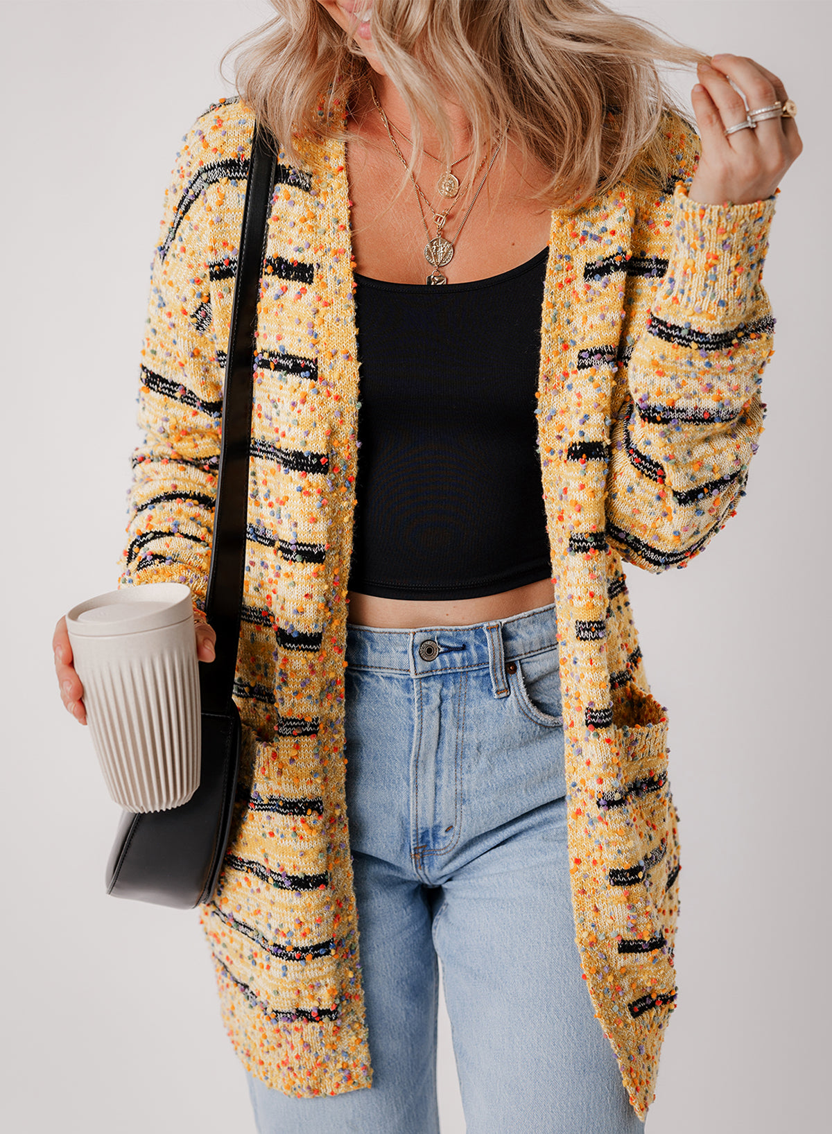 Beige Striped Pom Pom Knit Cardigan – Playful Charm Meets Effortless Elegance