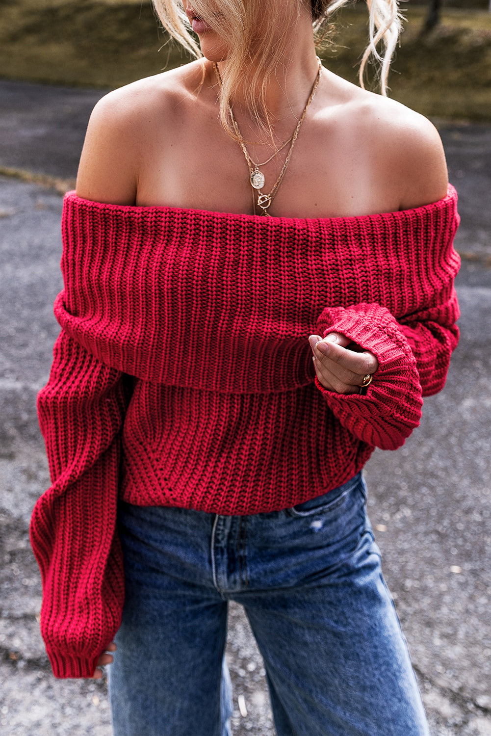 Racing Red Off-the-Shoulder Knit Sweater – Flirty & Fashionable