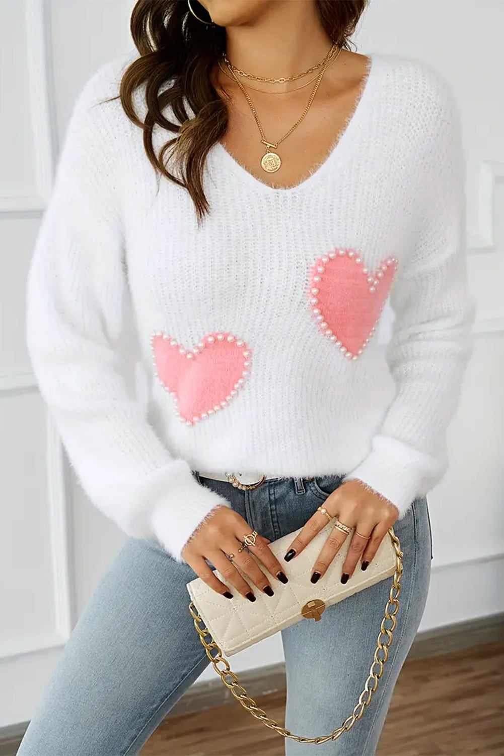 White Pearl Beaded Heart Pattern Fuzzy V Neck Sweater – Cozy and Chic