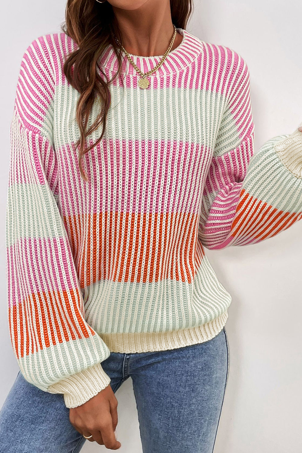 Pink Colorblock Textured Knit Bubble Sleeve Sweater – Cozy and Trendy