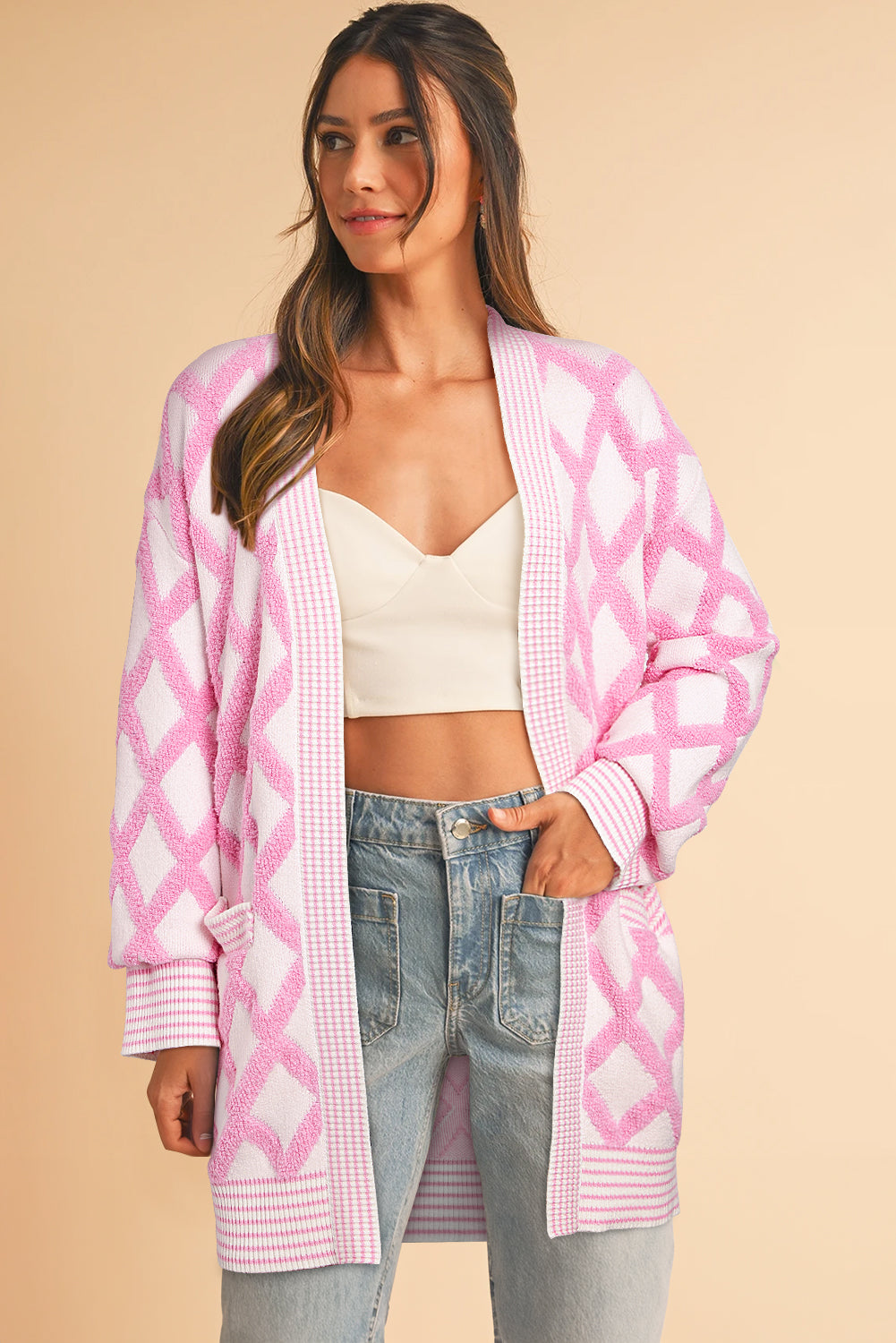 Pink Knit Open Front Pocketed Cardigan – Cozy & Playful