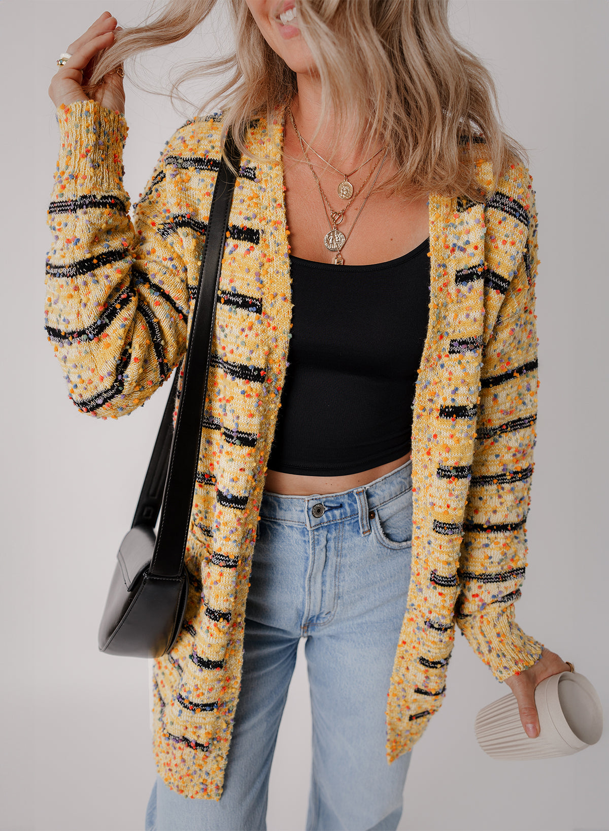 Beige Striped Pom Pom Knit Cardigan – Playful Charm Meets Effortless Elegance