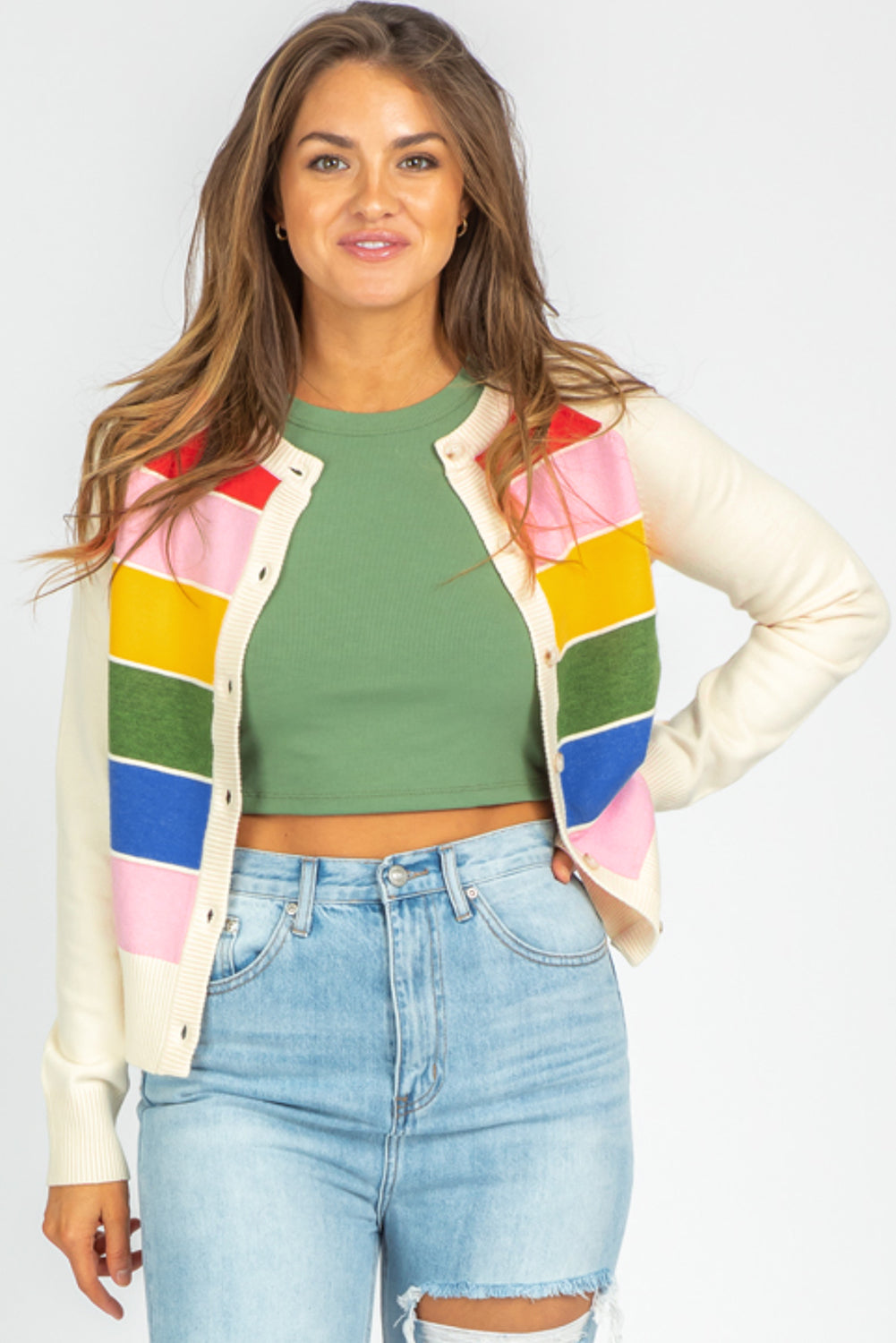 White Stripe Colorful Pattern Sweater Cardigan – Cozy & Vibrant