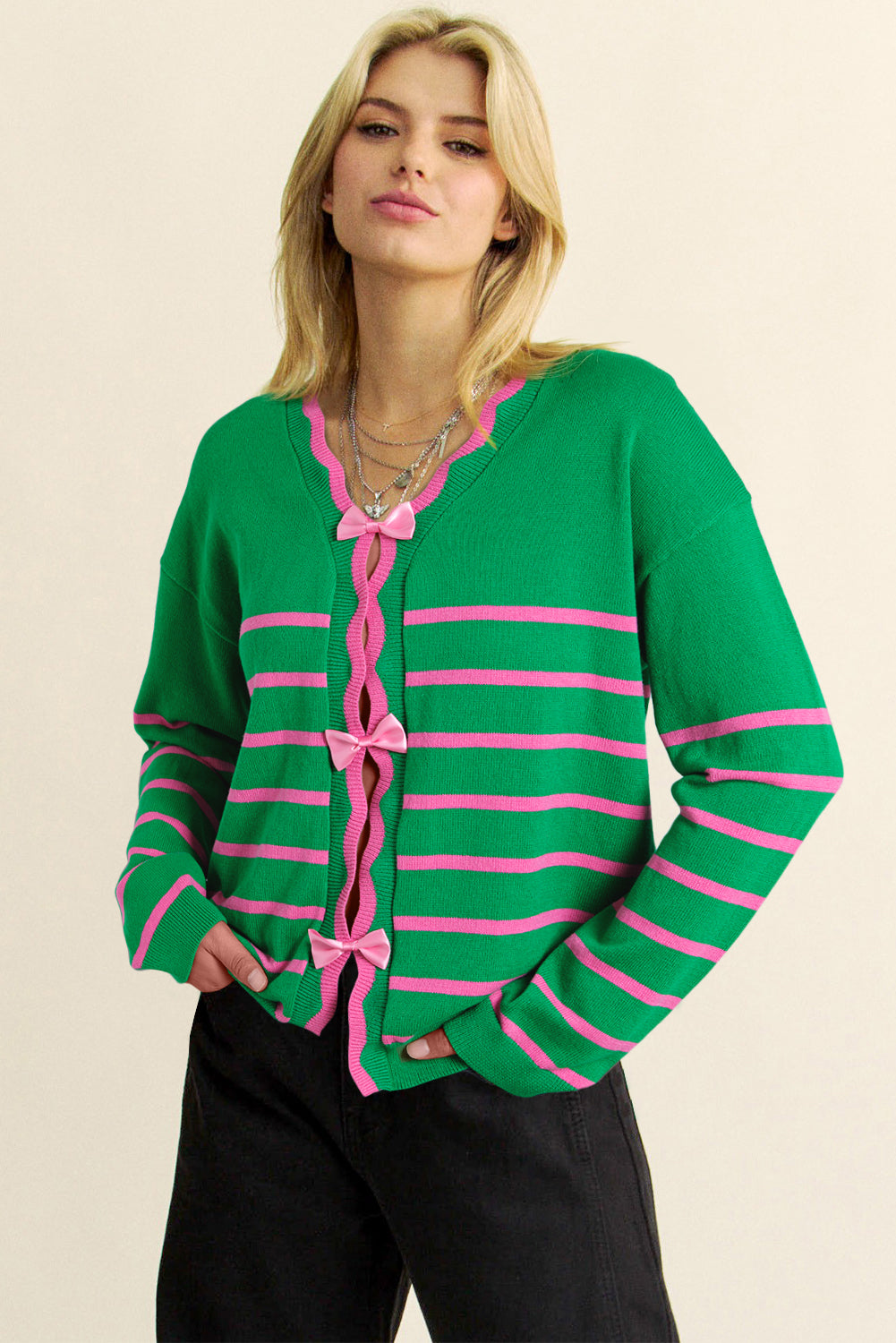 Green Stripe Ribbon Sweater Knit Cardigan – Charming and Cozy