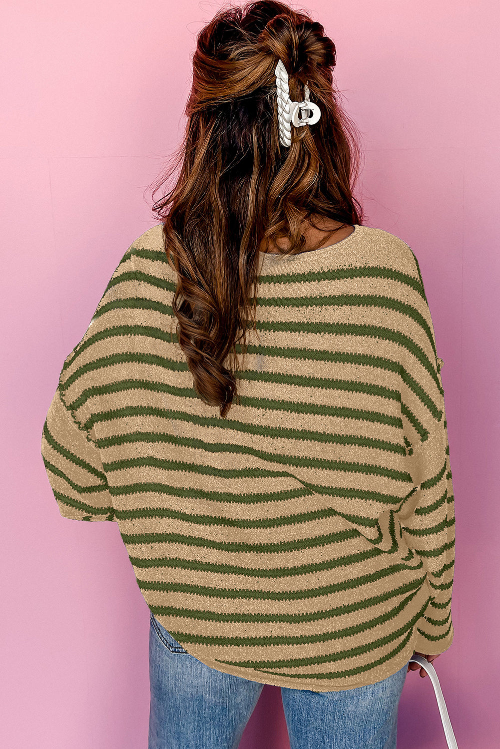 Khaki Stripe Drop Shoulder Casual Sweater – Effortless Comfort and Style