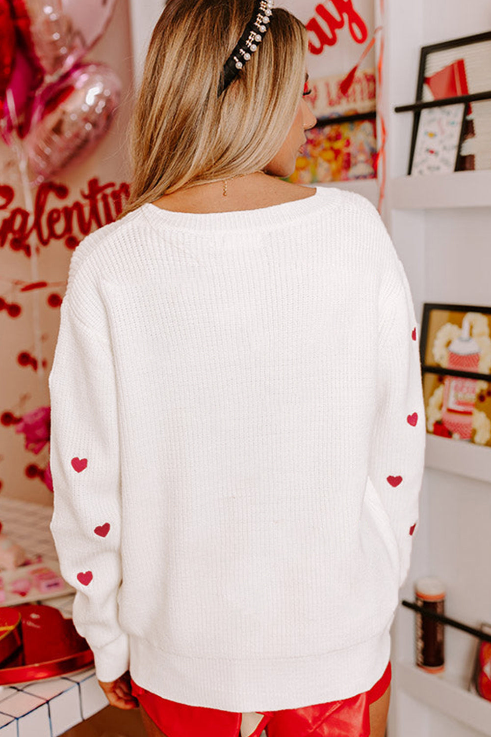 White Heart Shape Drop Shoulder Sweater – Festive and Cozy