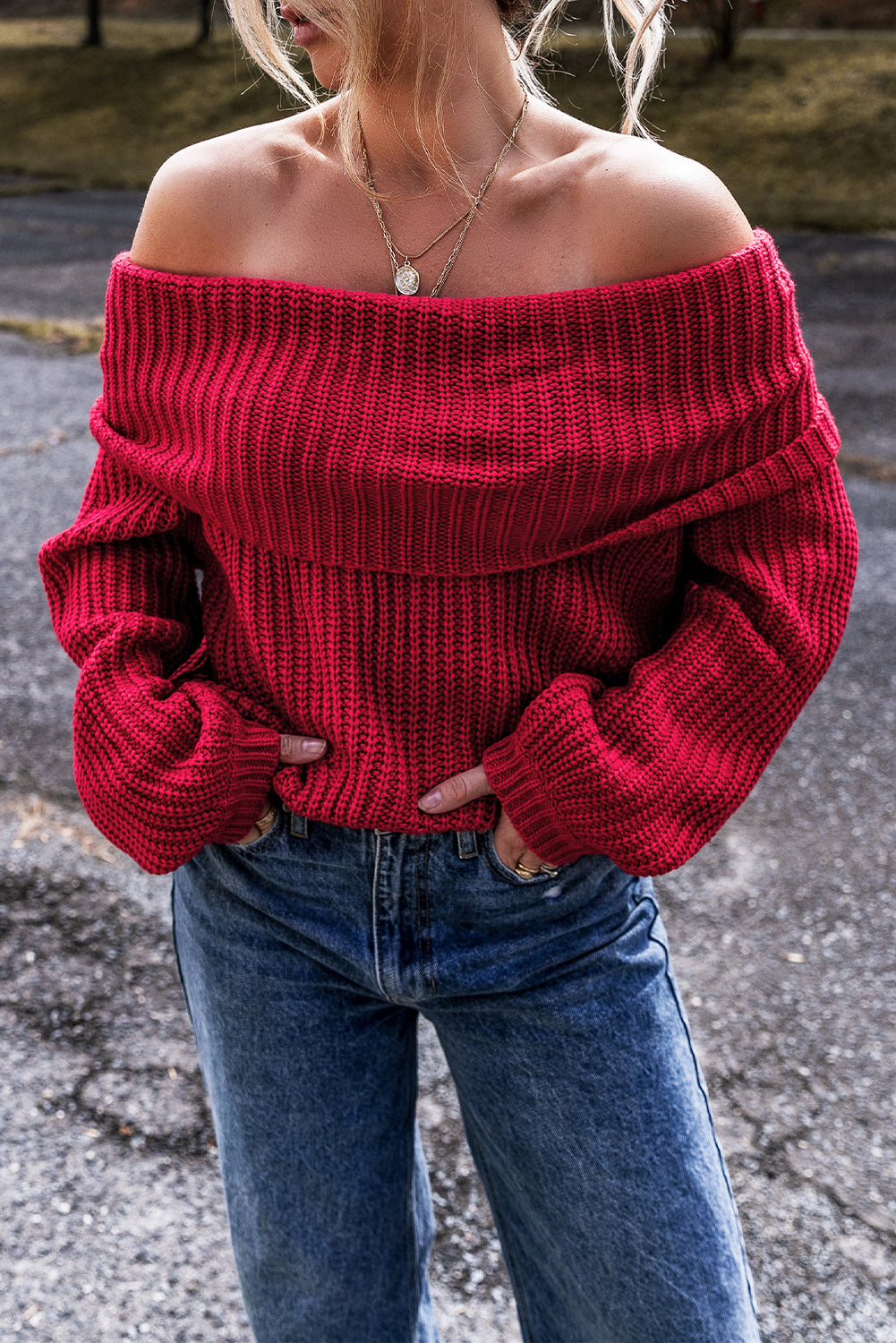 Racing Red Off-the-Shoulder Knit Sweater – Flirty & Fashionable