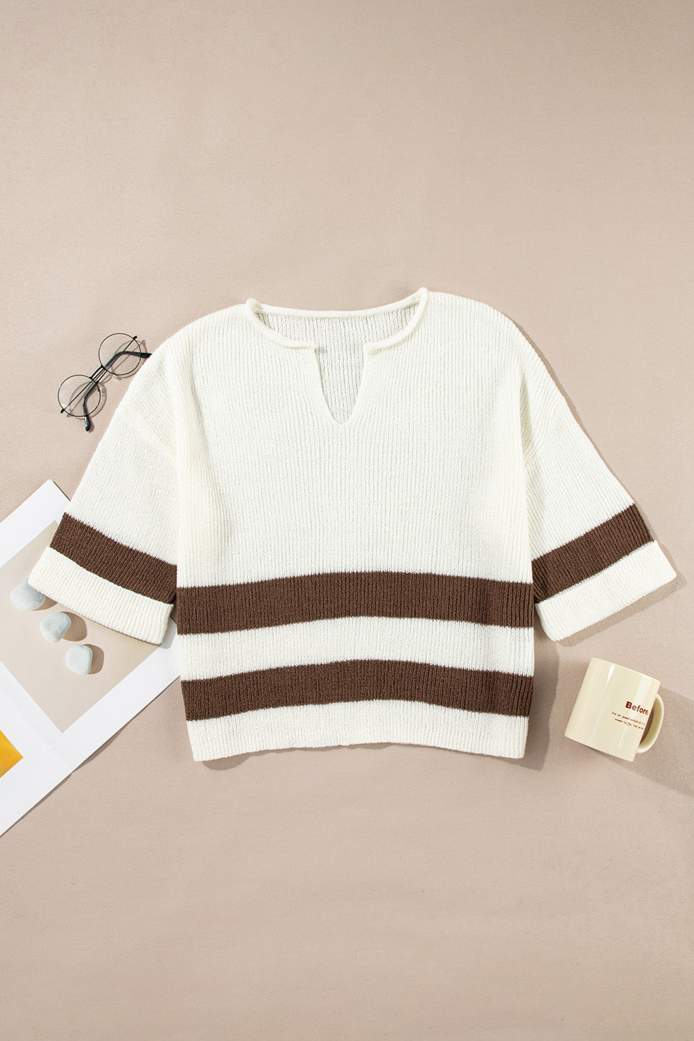 Brown Striped V Neck Cropped Sweater T-Shirt – Effortlessly Chic and Trendy