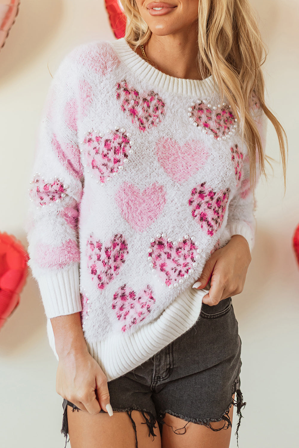 Pink Heart Leopard Print Trim Fuzzy Sweater – Bold & Cozy