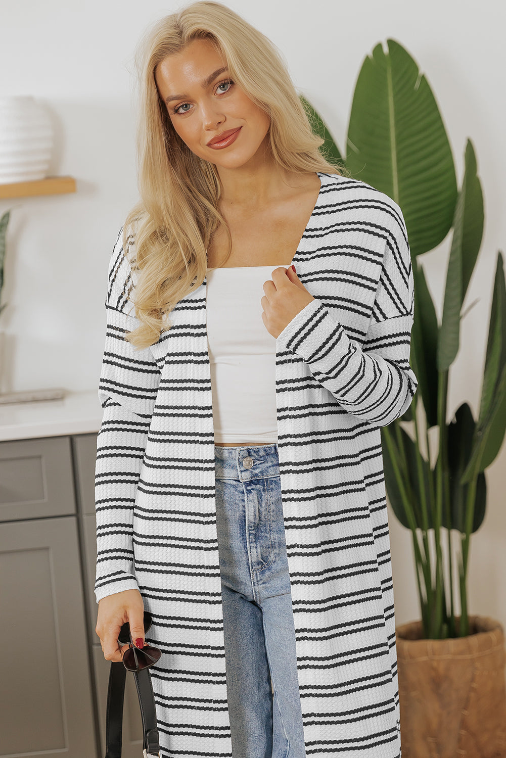 Black Stripe Print Open Front Duster Cardigan – Effortless Chic with Extra Coverage