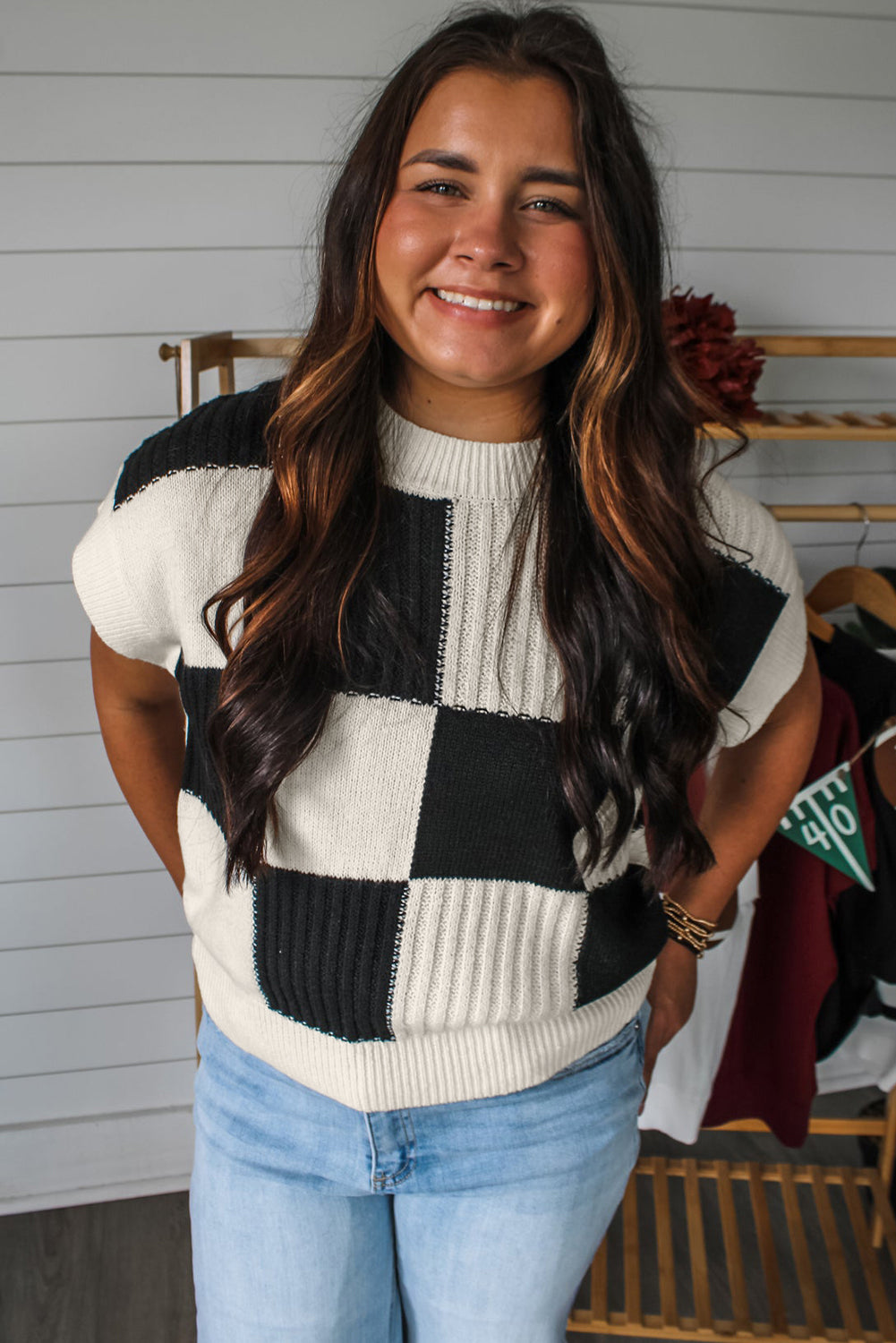 Black Checkered Color Block Sweater Tee – A Trendy Twist on Casual Chic