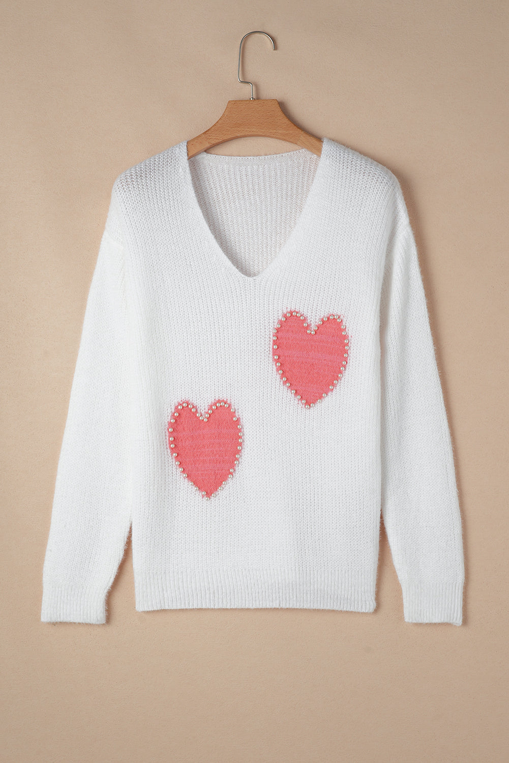 White Pearl Beaded Heart Pattern Fuzzy V Neck Sweater – Cozy and Chic