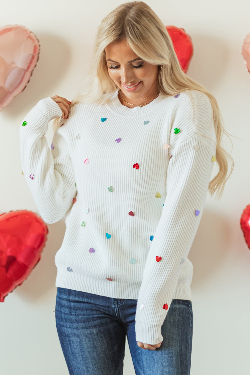 Beige Waffle Knit Sequin Heart Sweater – Cozy with a Touch of Glam