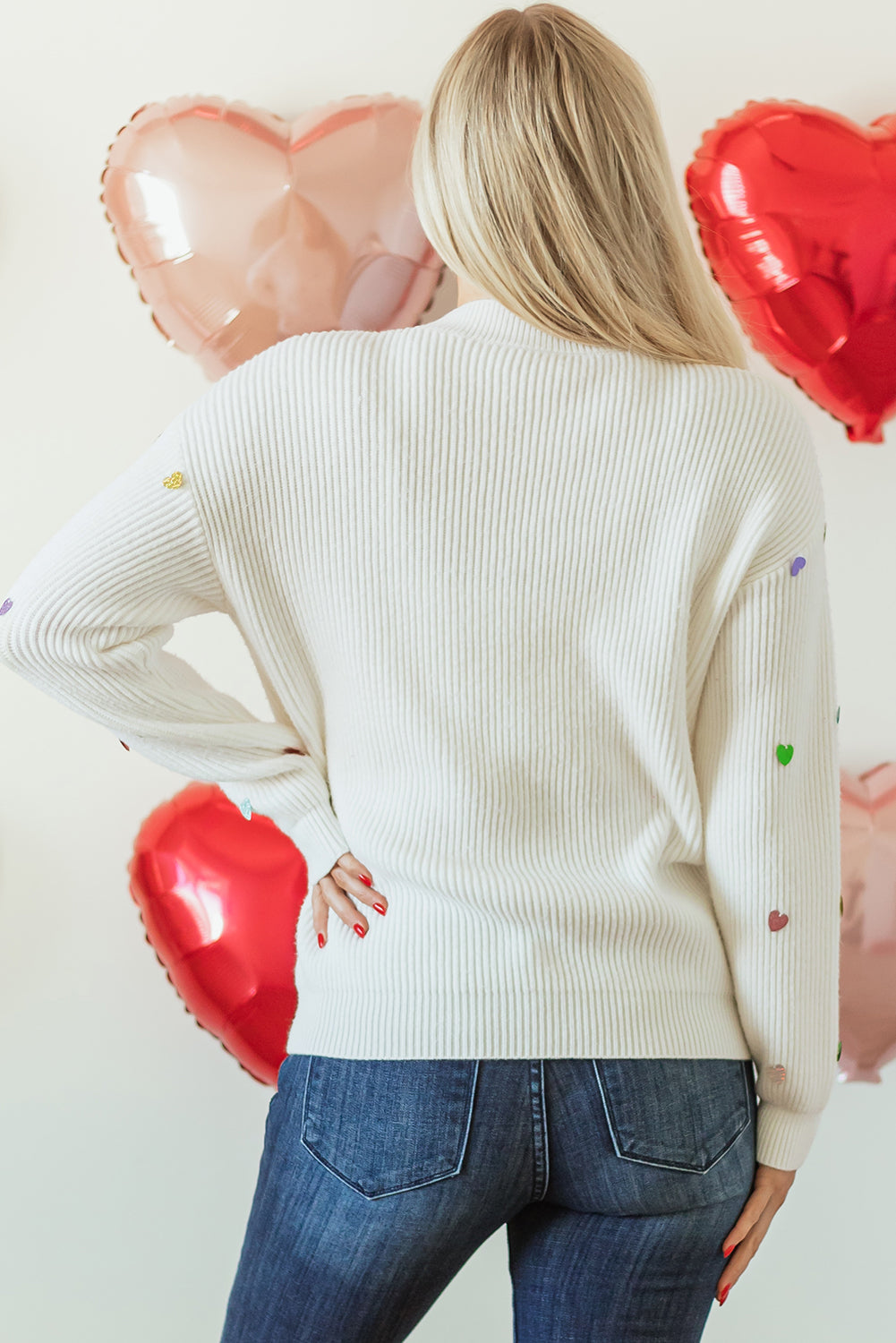 Beige Waffle Knit Sequin Heart Sweater – Cozy with a Touch of Glam