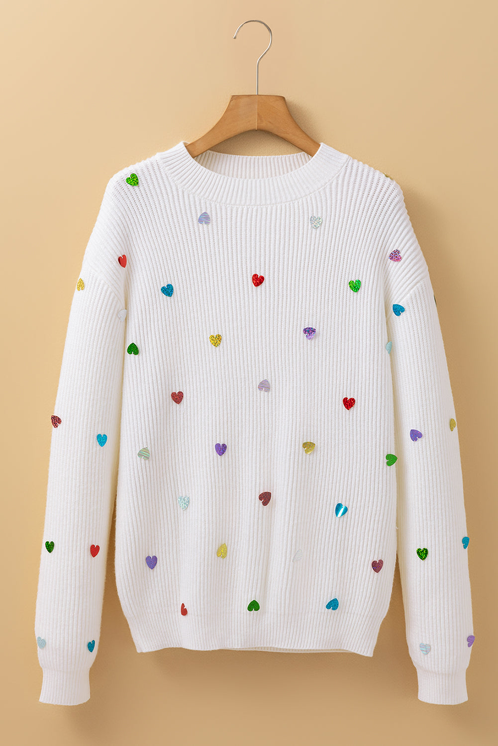 Beige Waffle Knit Sequin Heart Sweater – Cozy with a Touch of Glam