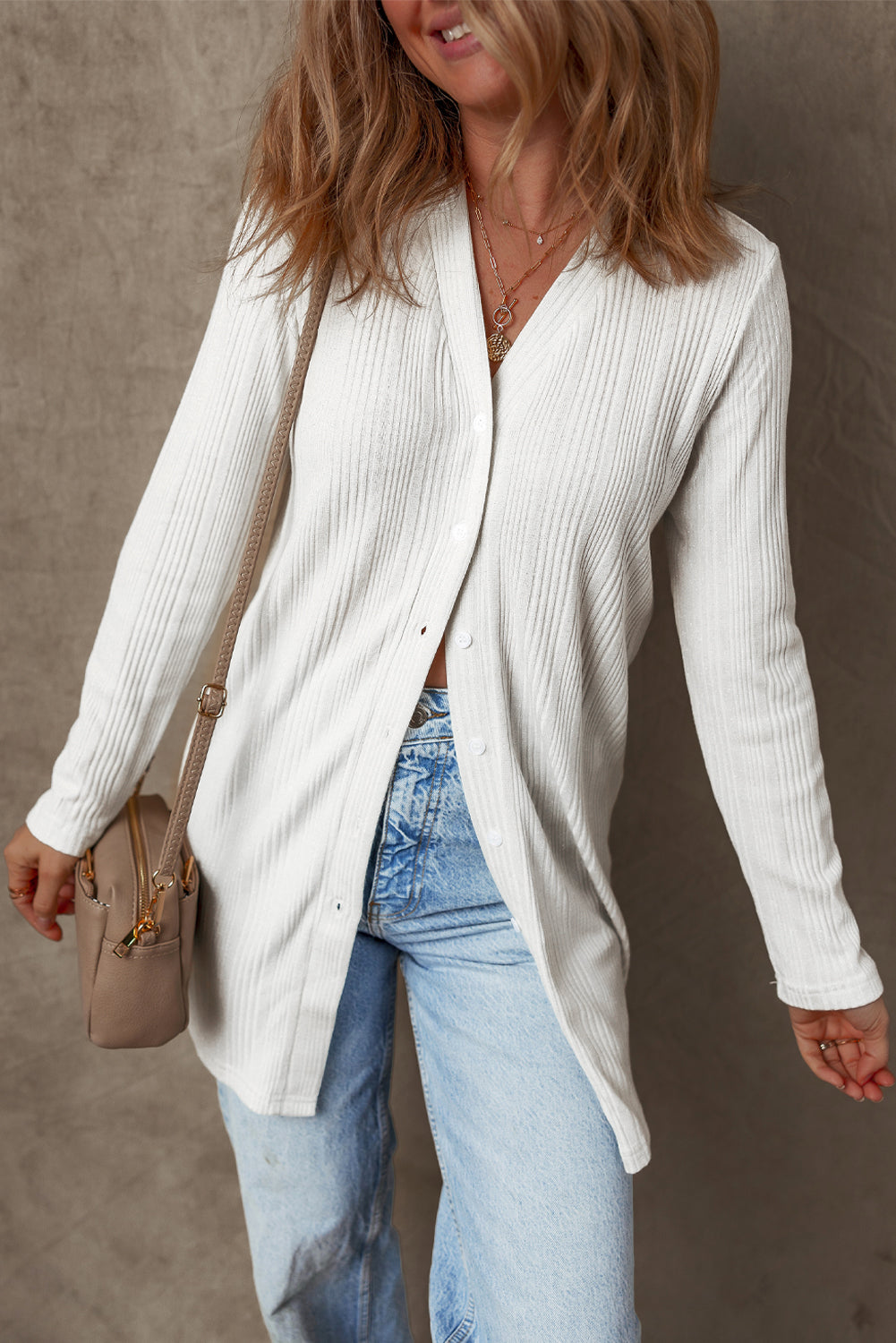 White Solid Color Ribbed Button-Up Tunic Cardigan – Elegant and Timeless