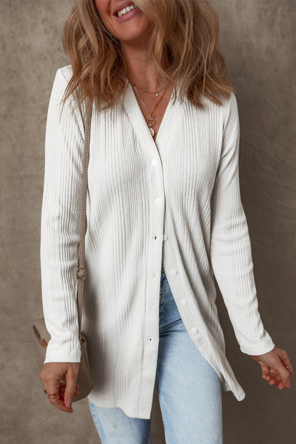 White Solid Color Ribbed Button-Up Tunic Cardigan – Elegant and Timeless