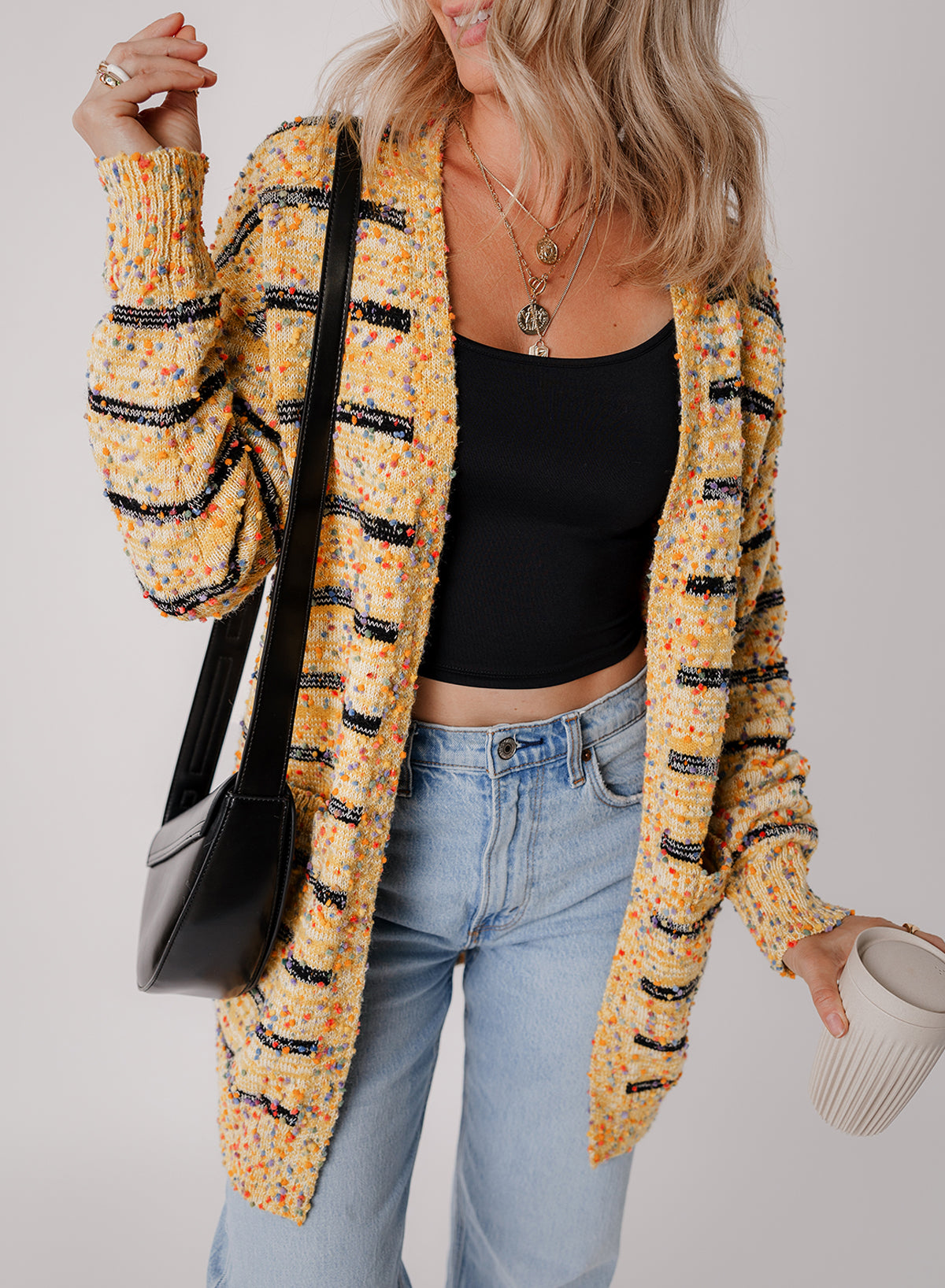 Beige Striped Pom Pom Knit Cardigan – Playful Charm Meets Effortless Elegance