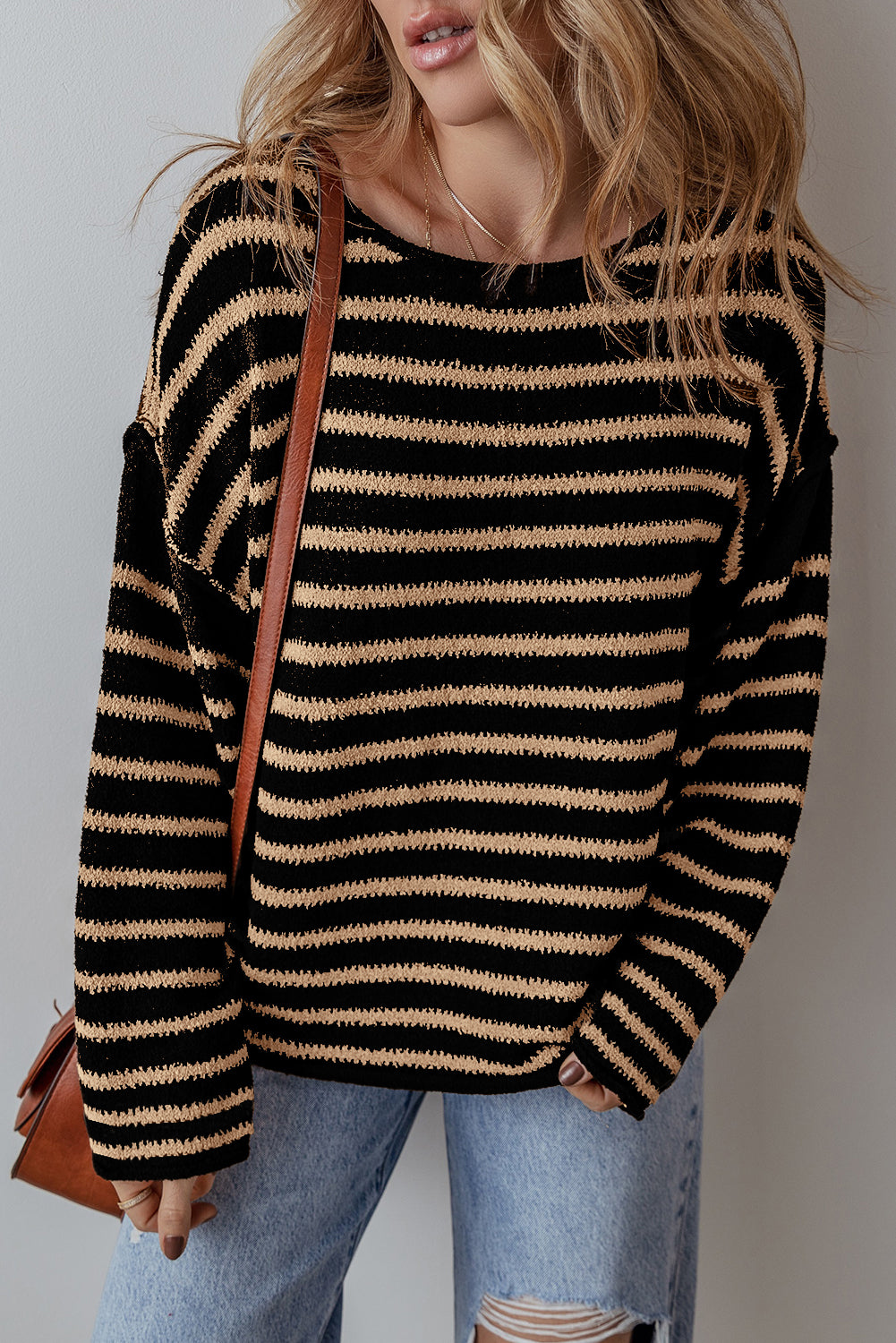 Black Stripe Drop Shoulder Loose Sweater – Trendy Comfort with Classic Style