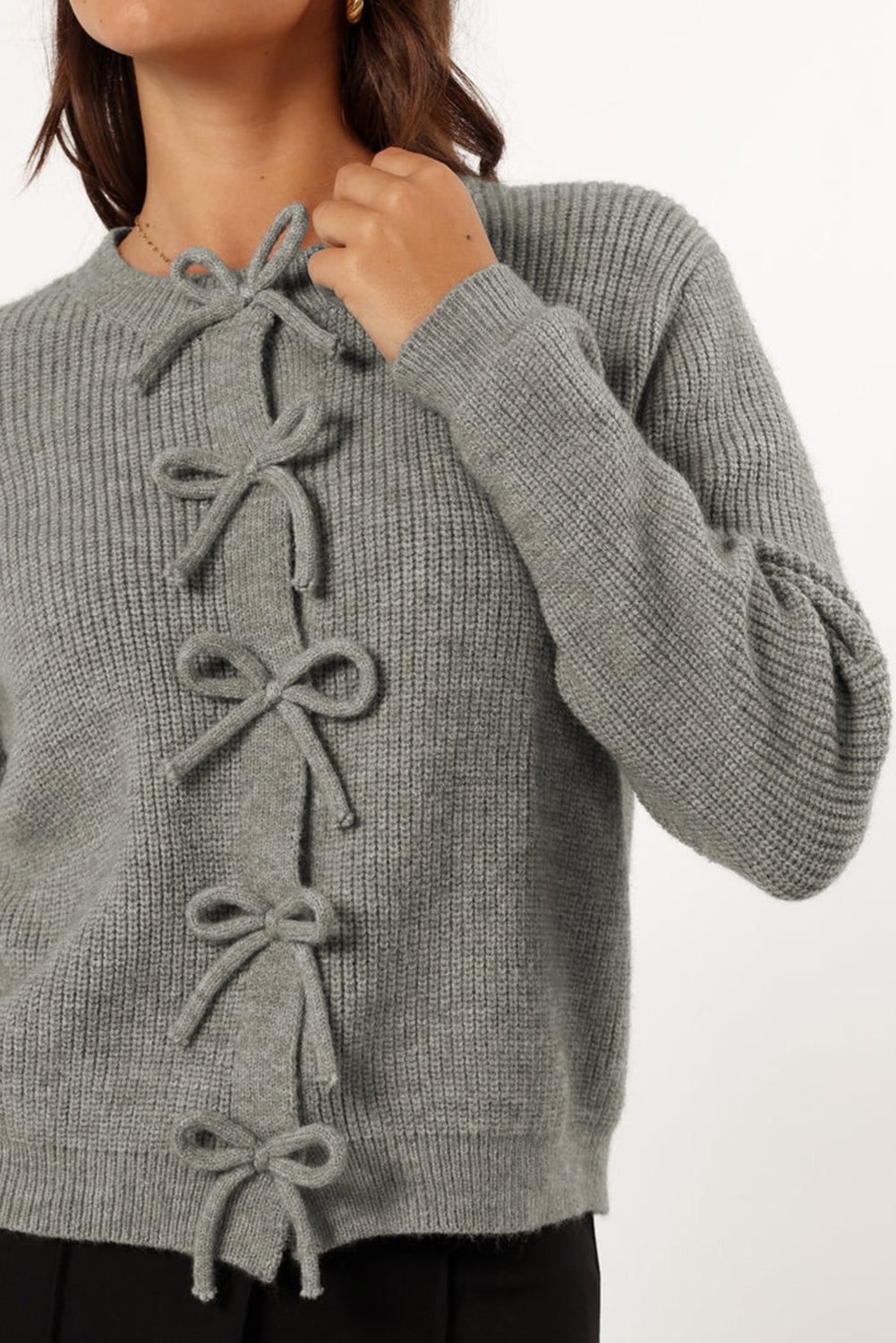 Philippine Gray Ribbed Knit Bow Front Buttoned Cardigan – Cozy and Stylish