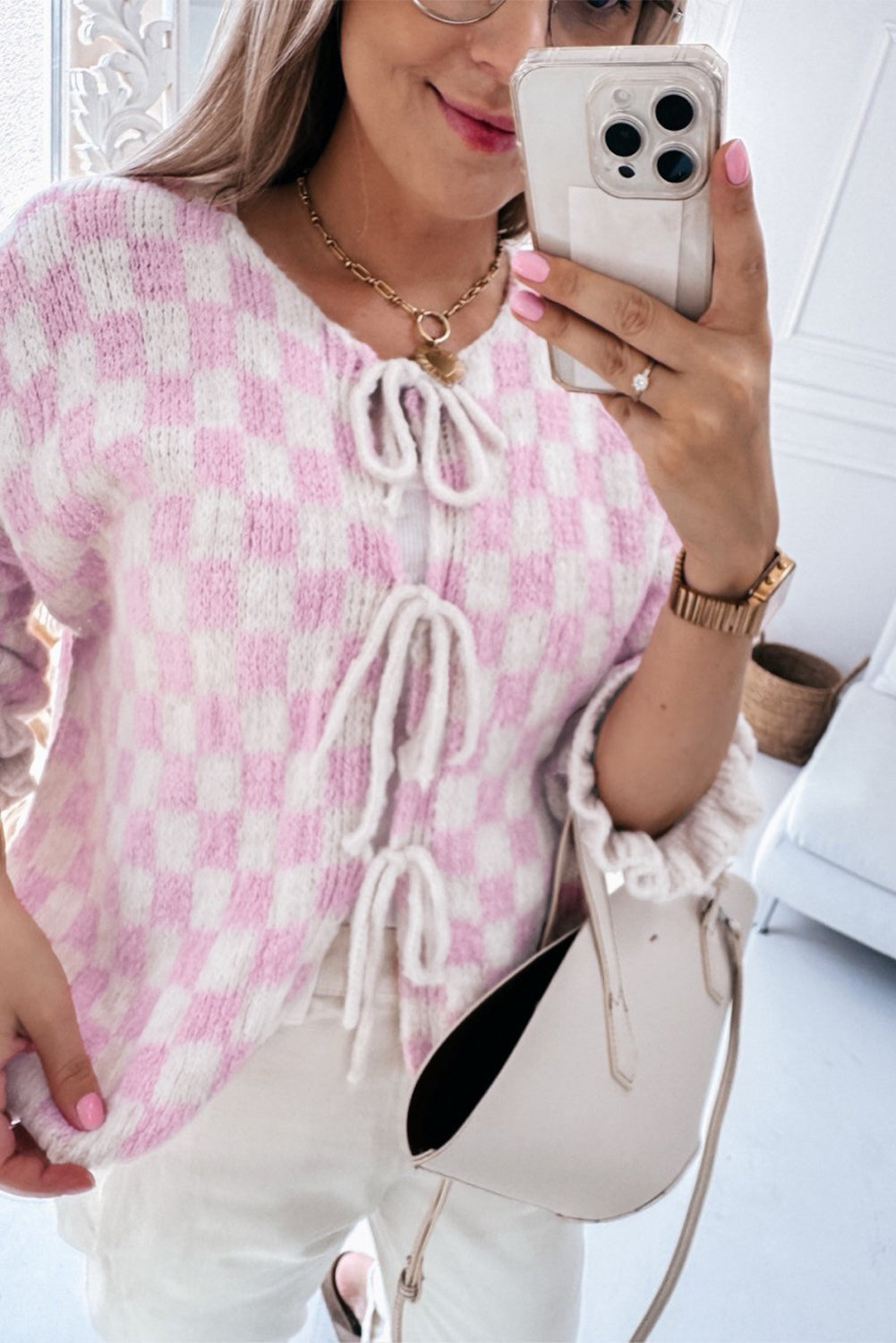 Light Pink Ruffled 3/4 Sleeve Cardigan – Elegant and Feminine