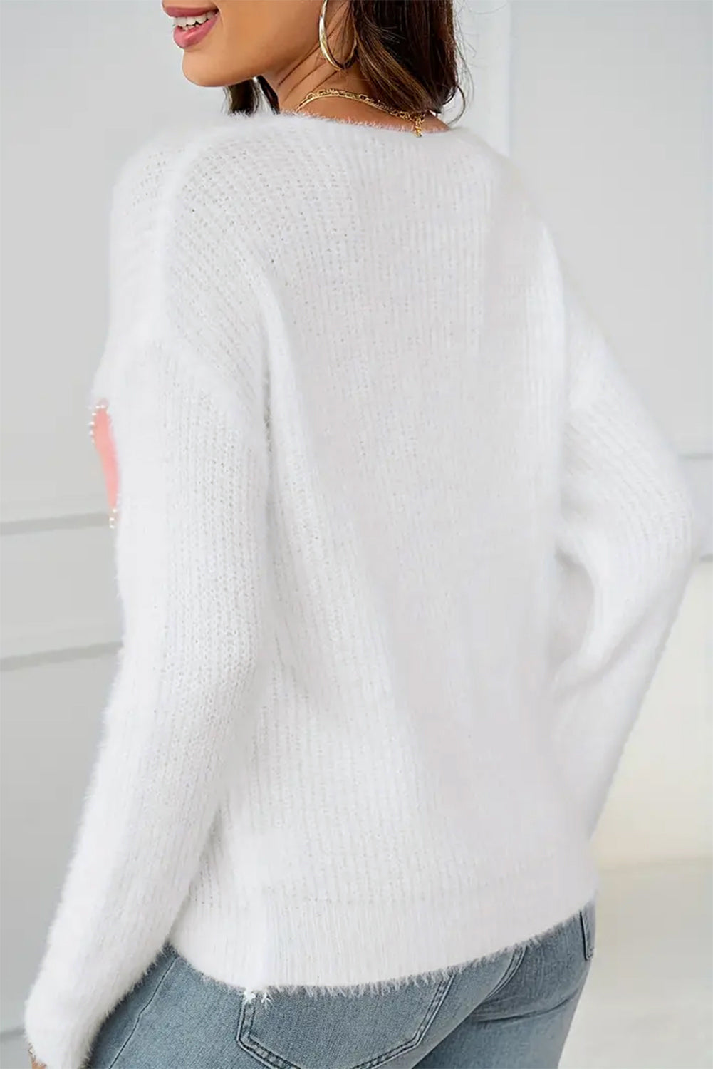 White Pearl Beaded Heart Pattern Fuzzy V Neck Sweater – Cozy and Chic