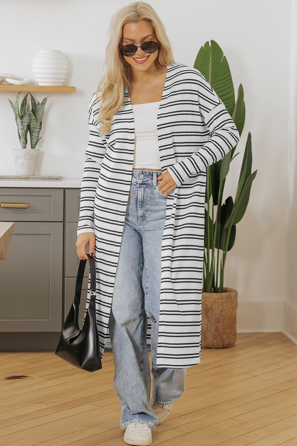 Black Stripe Print Open Front Duster Cardigan – Effortless Chic with Extra Coverage