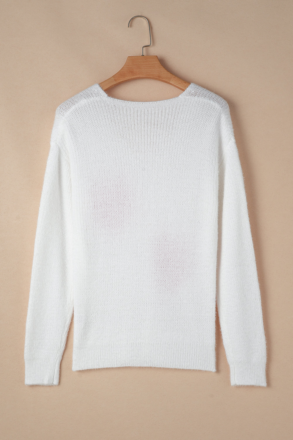 White Pearl Beaded Heart Pattern Fuzzy V Neck Sweater – Cozy and Chic