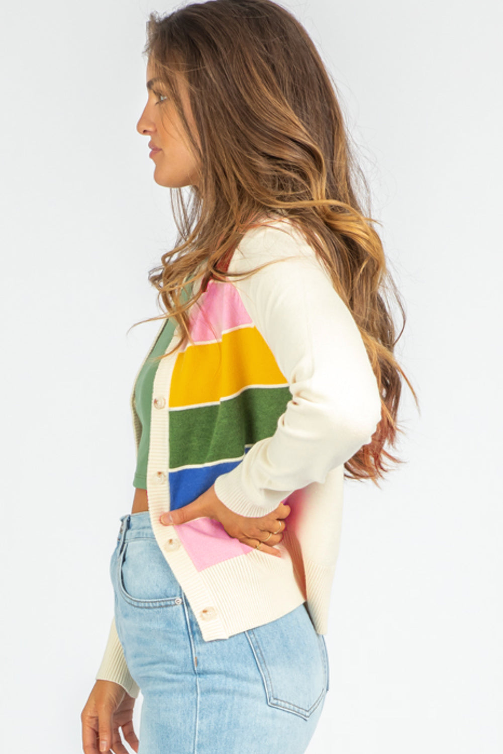 White Stripe Colorful Pattern Sweater Cardigan – Cozy & Vibrant