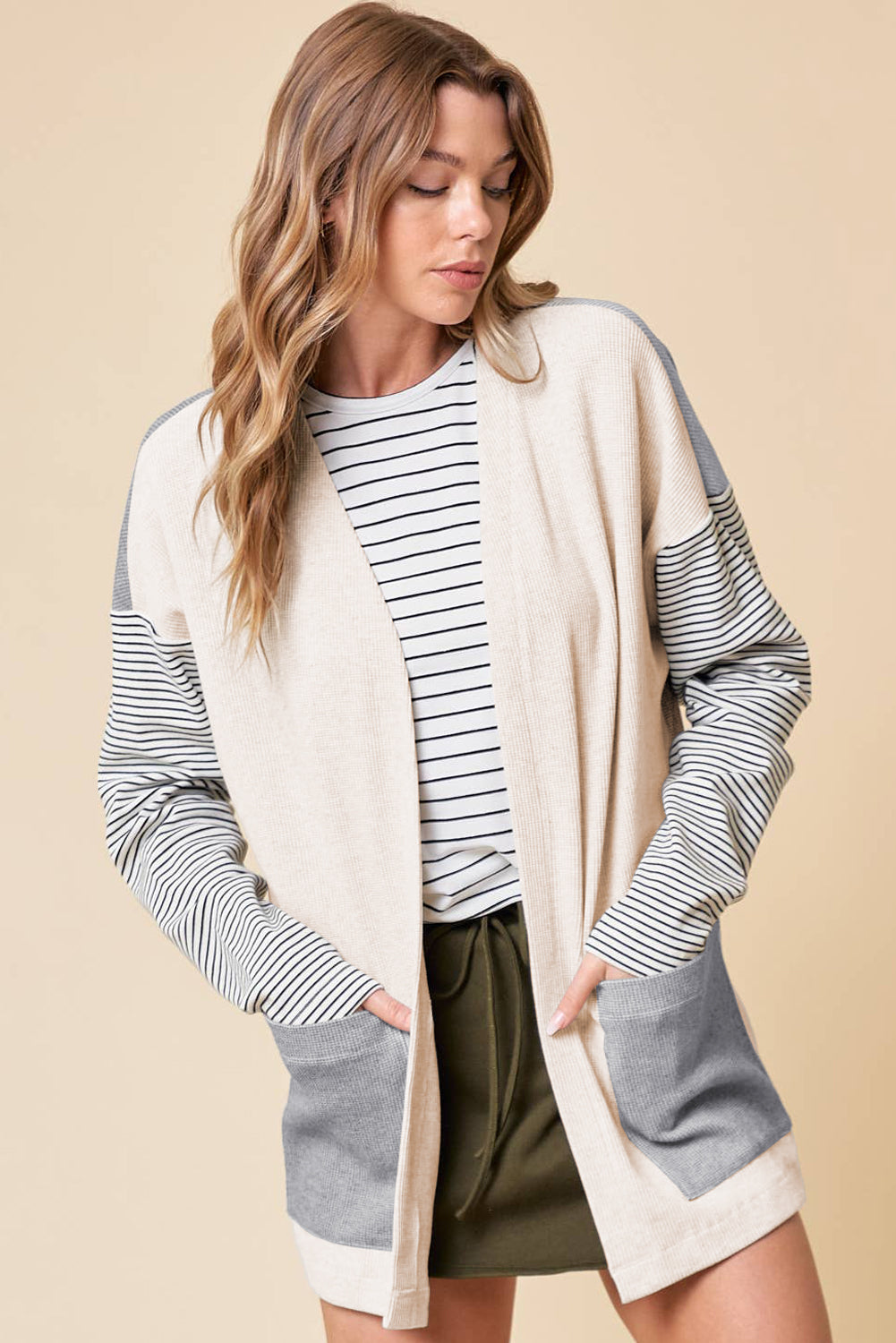 Black Striped Open Front Cardigan – Modern Chic with Practical Style