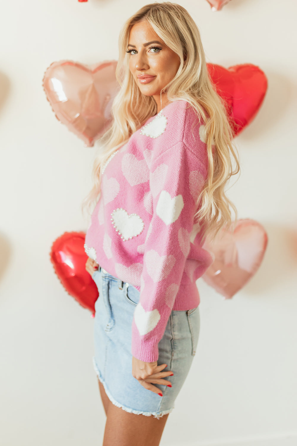 Pink Pearled Heart Print Valentine's Crew Neck Sweater – Romantic & Cozy